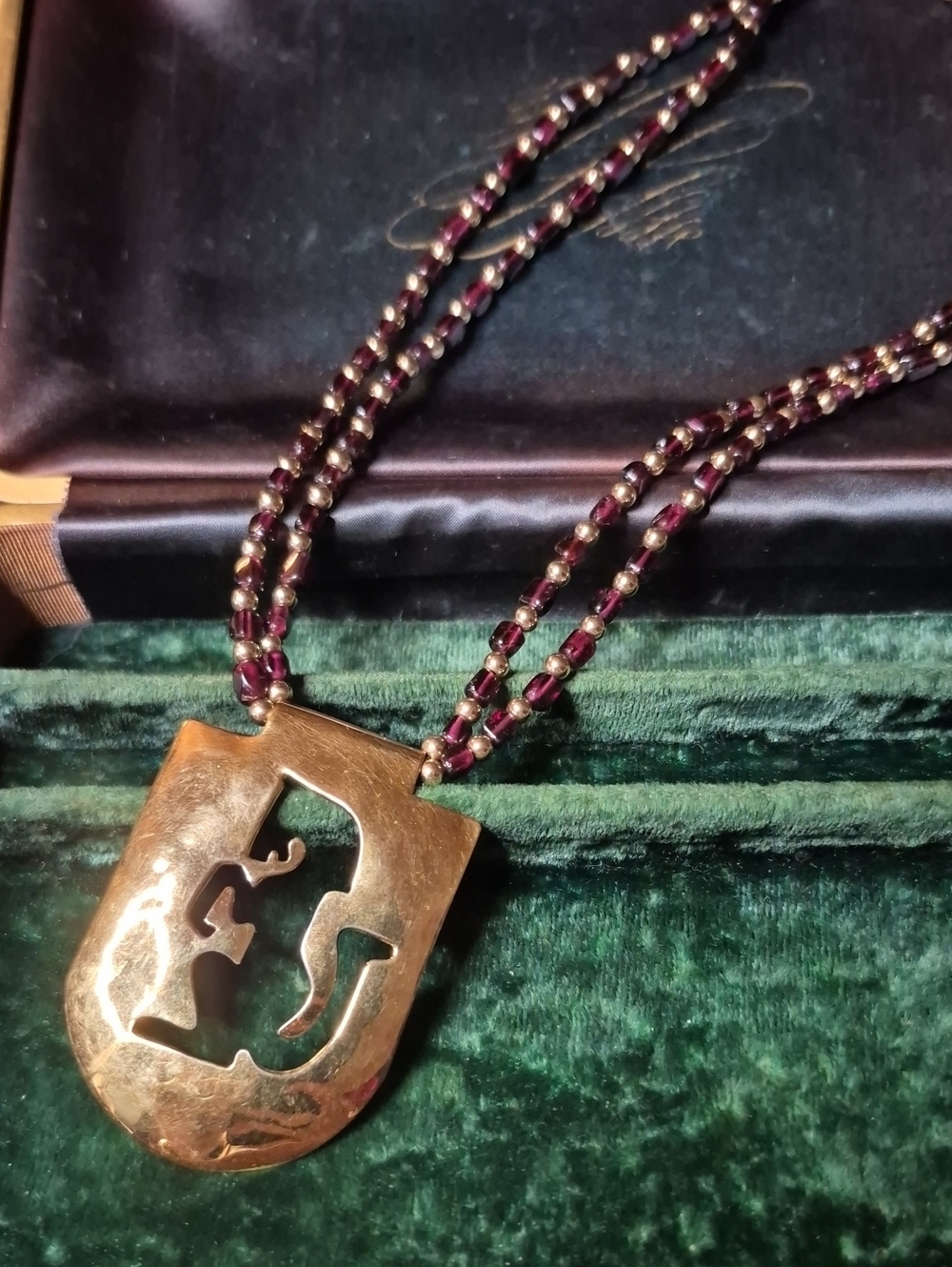 Handmade Brass Shield Pendant Necklace with Burgundy And Gold Filled Beads Clasp